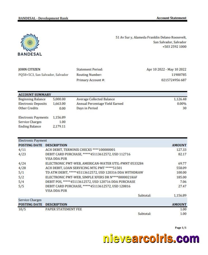 Salvador Bandesal Bank statement
